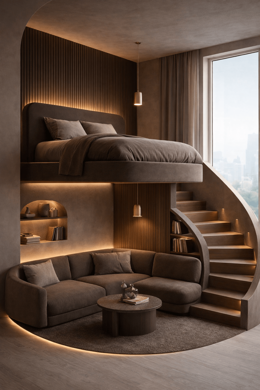 Dark modern loft bed living room design with curved staircase, built-in shelving, and cosy sofa seating area beneath elevated bed