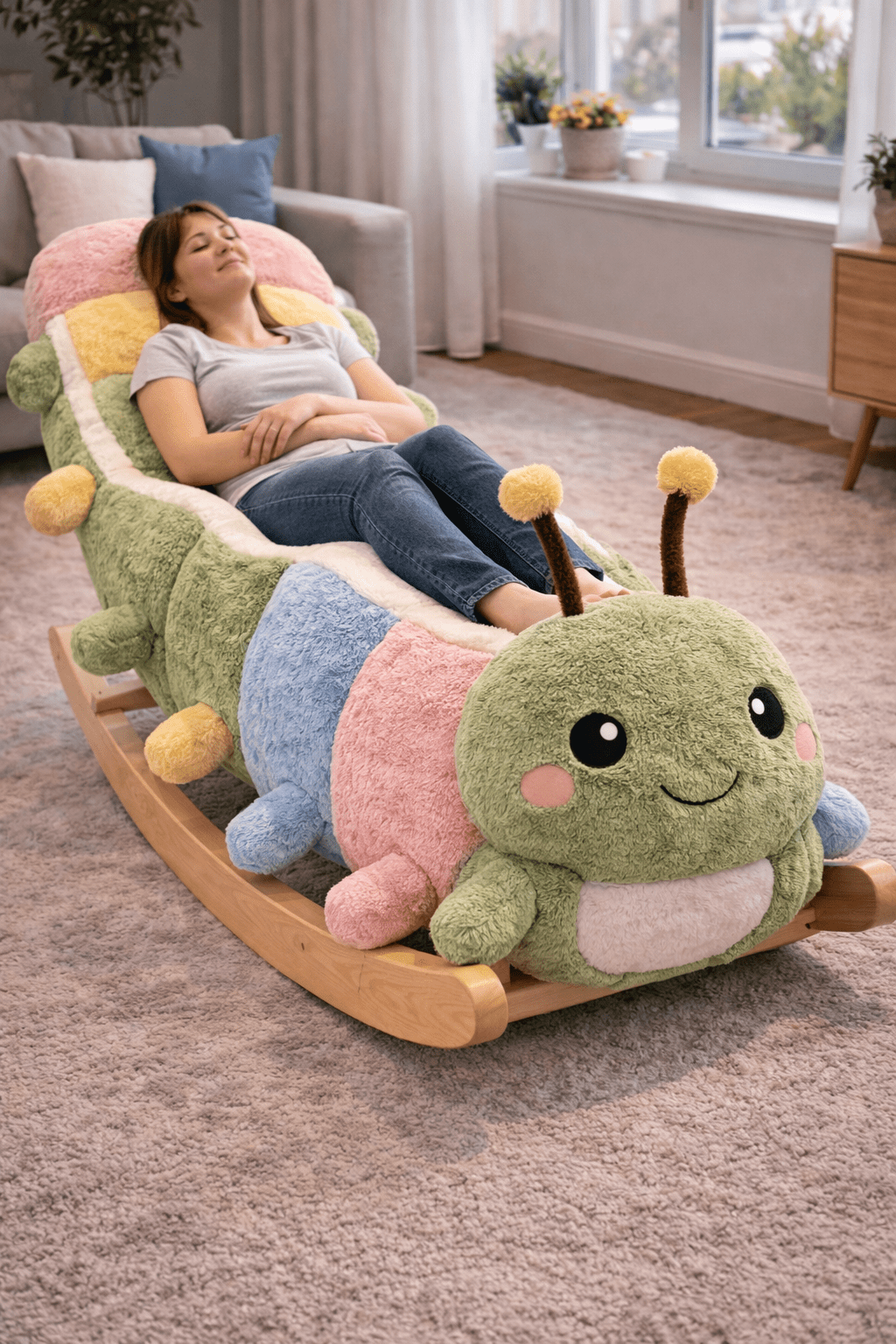 Adult lying on colourful caterpillar rocking lounger chair showing full body comfort and support