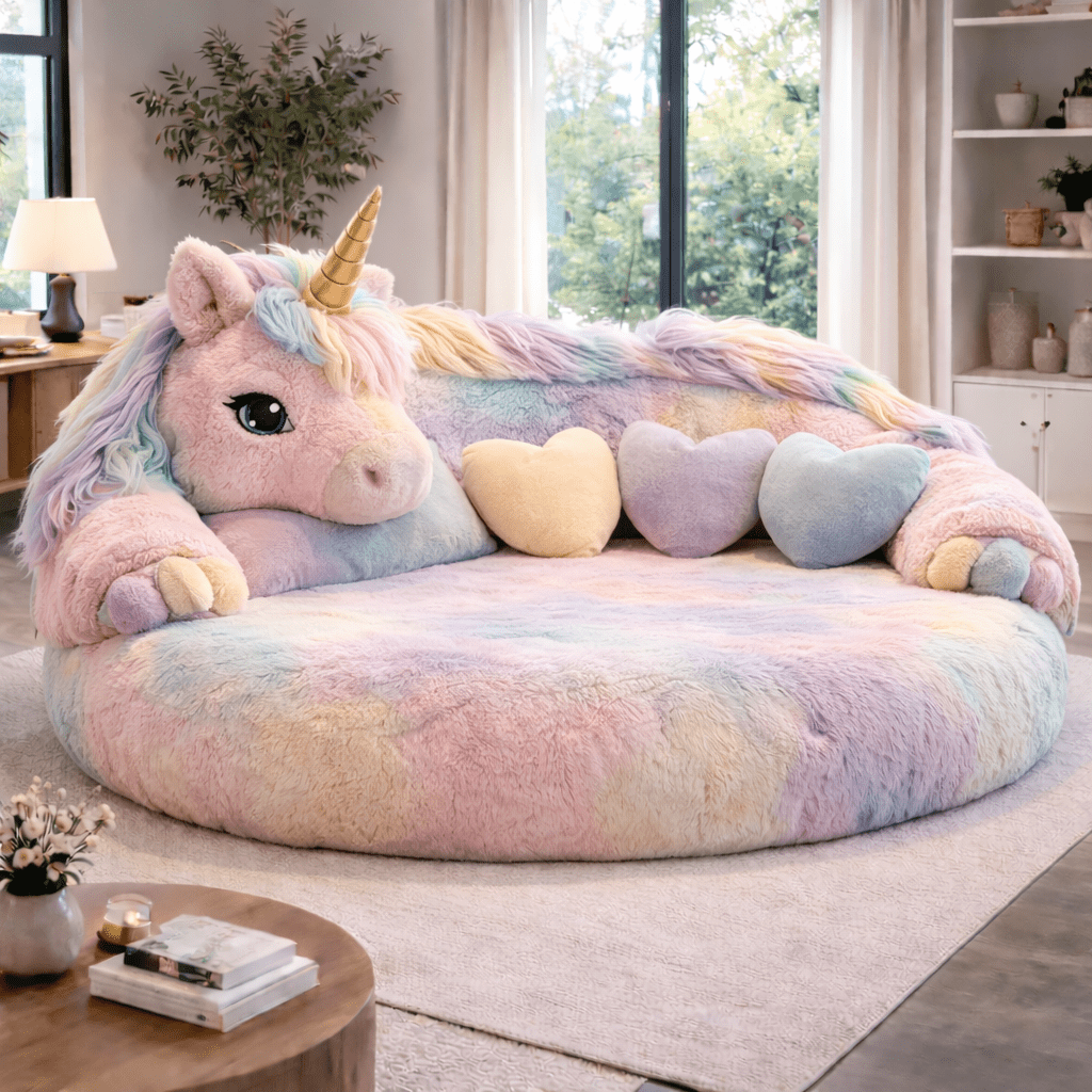 Large rainbow pastel unicorn plush sofa with heart cushions in a modern living room interior