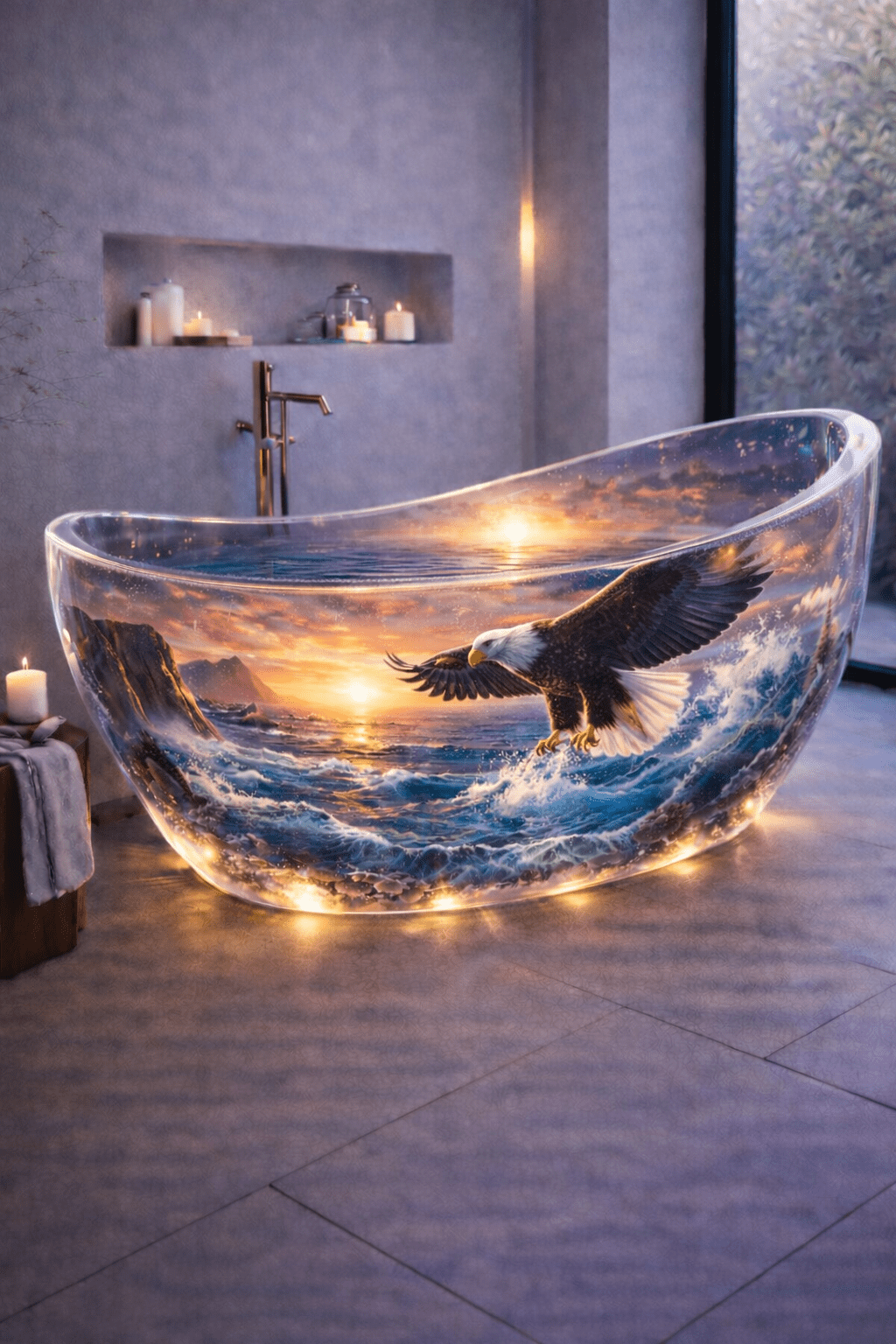Artistic transparent bathtub featuring an eagle flying over crashing ocean waves at sunset