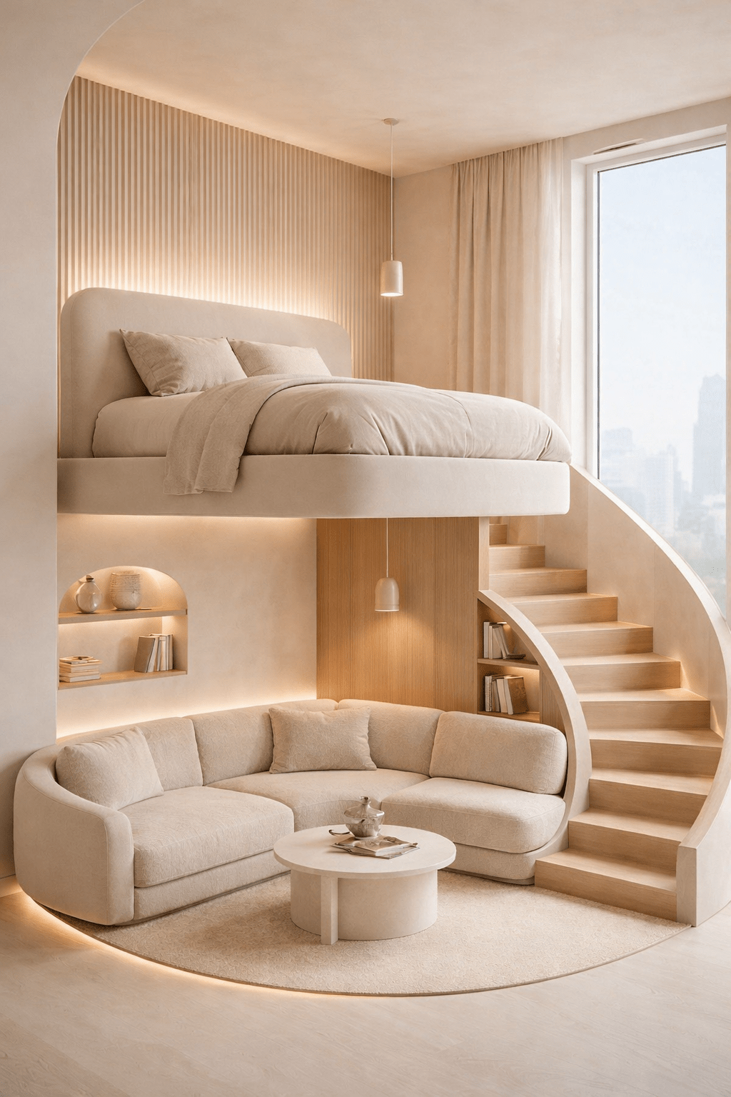 Cream coloured loft bed living room with curved staircase, built-in shelves, and cosy seating area beneath raised sleeping platform