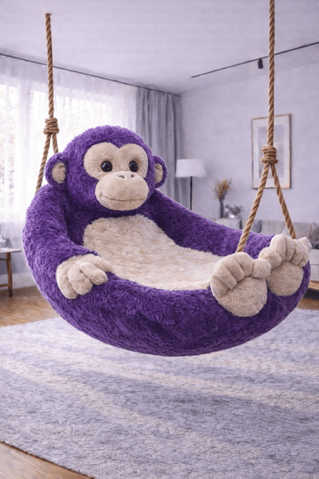 Plush purple monkey swing chair lounger hanging from ropes in a modern living room