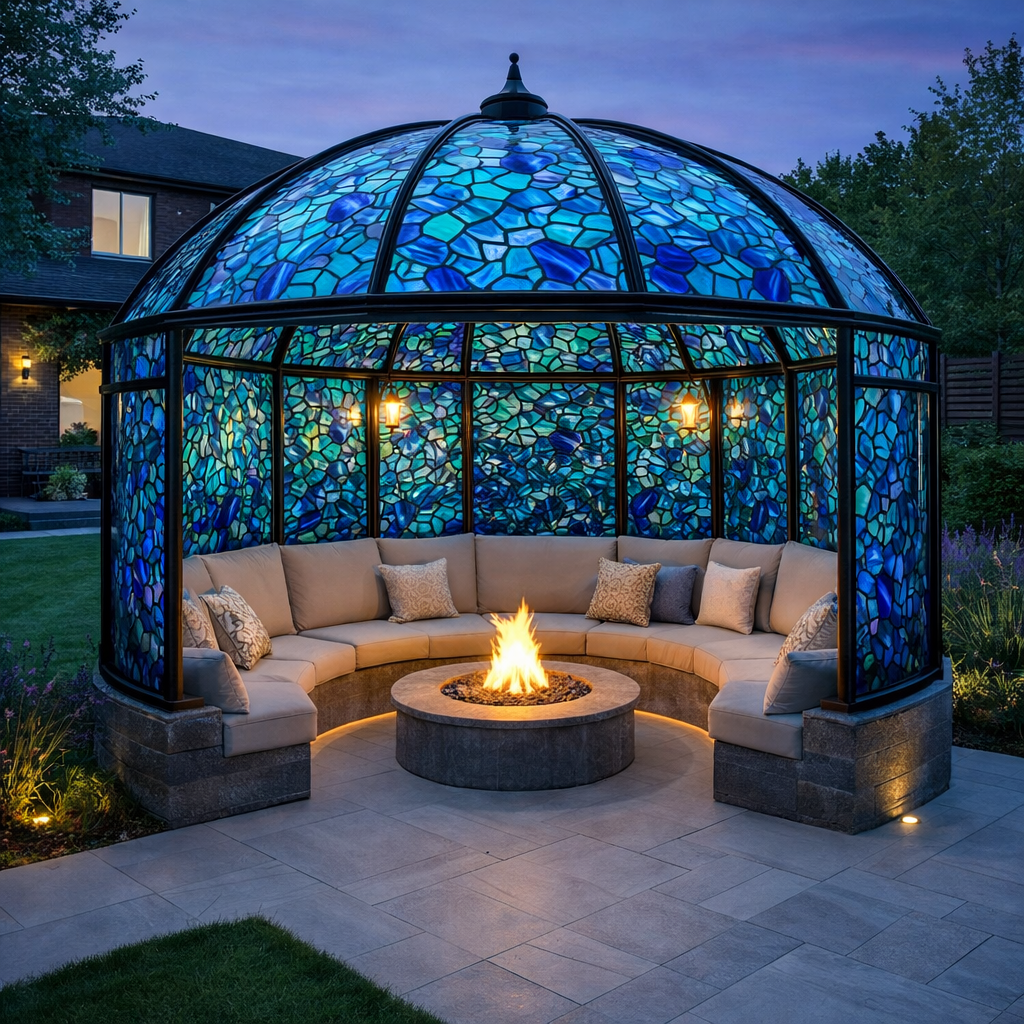 Blue mosaic stained glass garden gazebo with circular seating and central fire pit at dusk