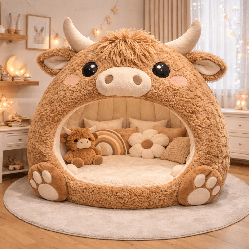 caramel brown cow-shaped plush lounger pod comfortable kids reading nook