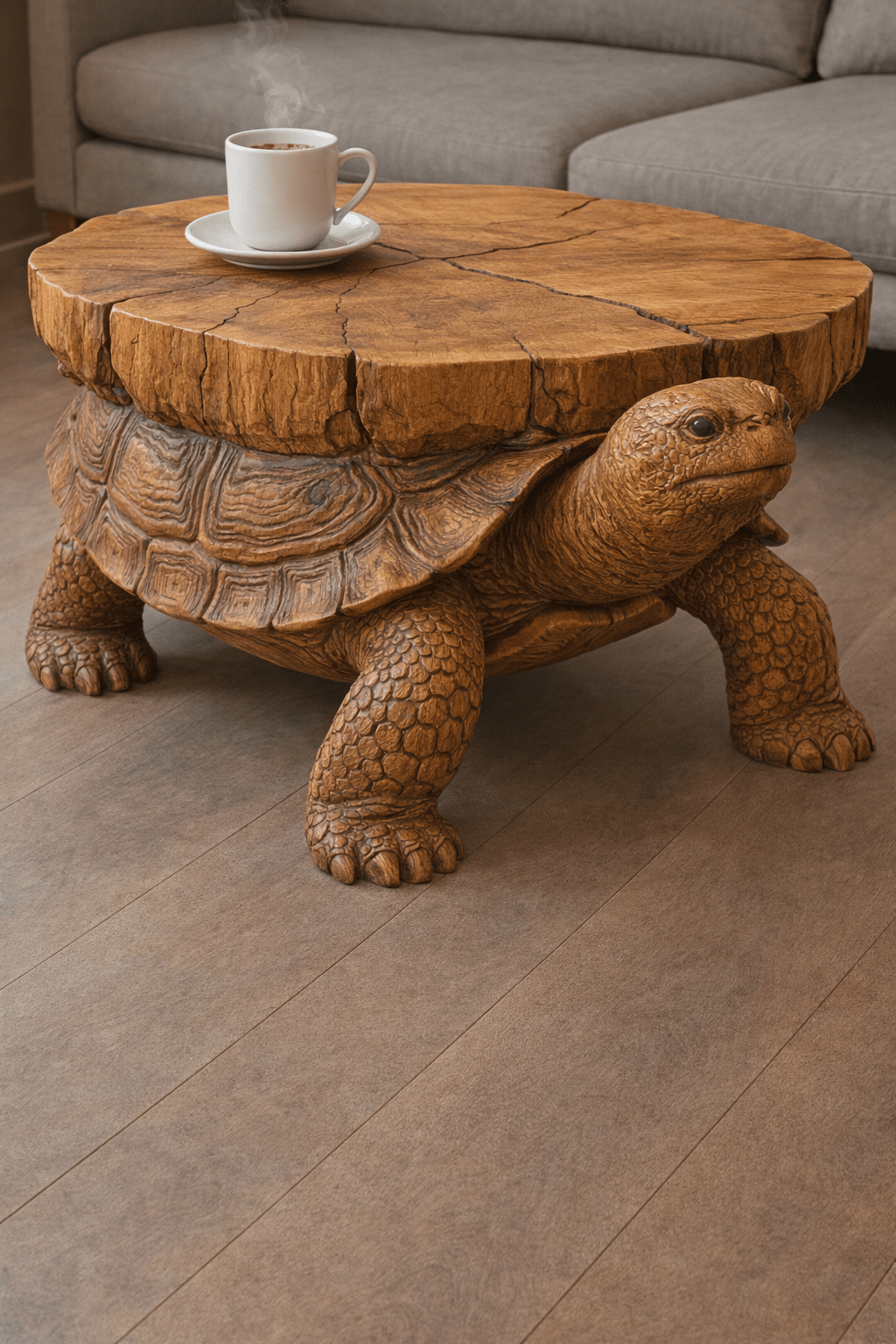 Rustic wooden coffee table shaped like a turtle with textured shell and natural wood finish