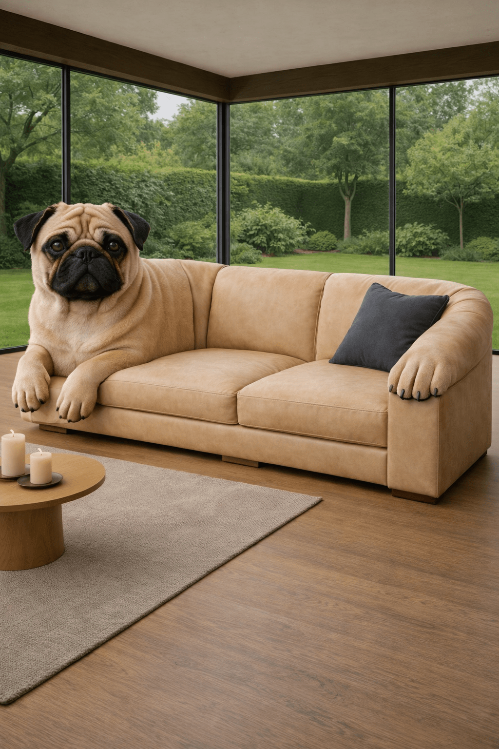 Beige pug-shaped sofa in a contemporary living room with large glass windows and garden view
