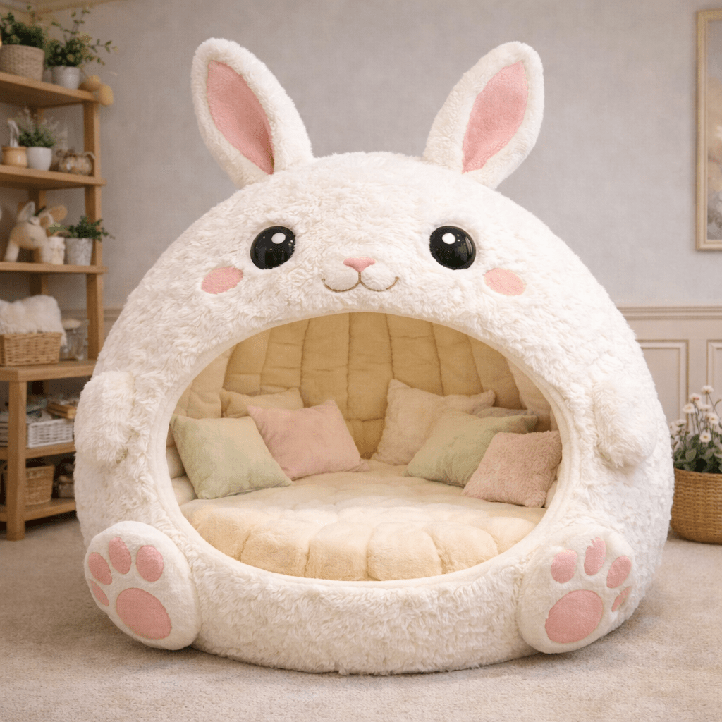 fluffy bunny shaped plush lounger pod with pink ears in modern cosy room
