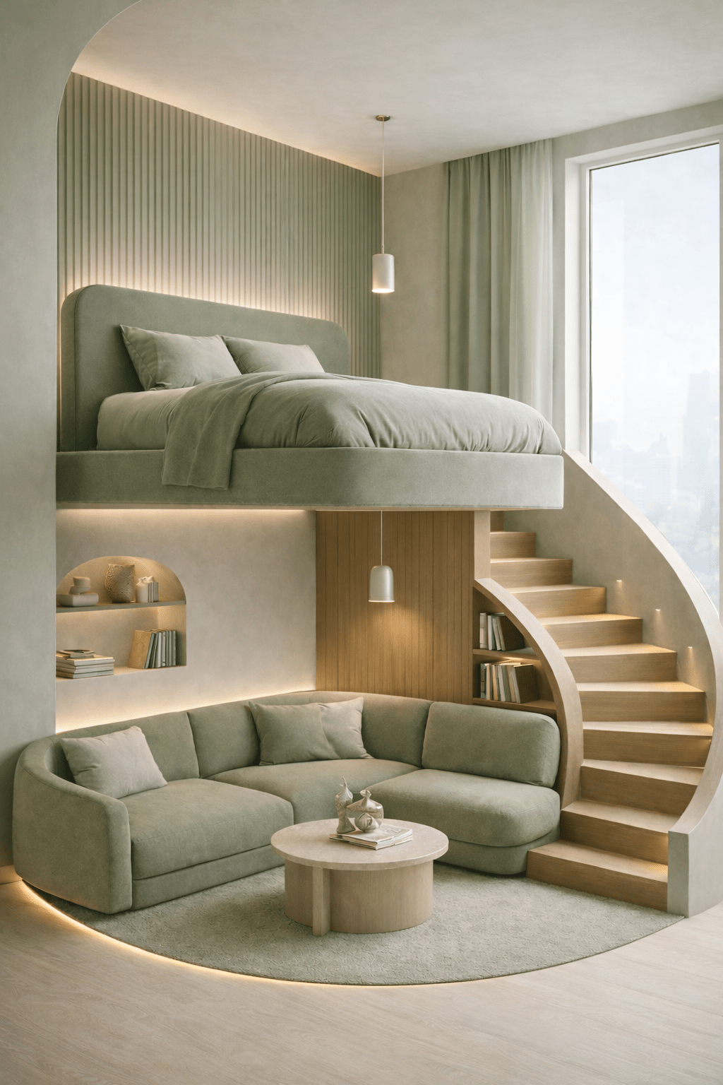 Sage green loft bed interior featuring curved staircase, lounge sofa below elevated bed, and minimalist modern apartment design