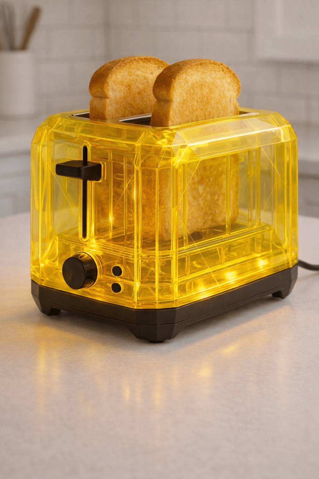 bright yellow transparent toaster with glowing LED light and two slices of toast in a modern kitchen