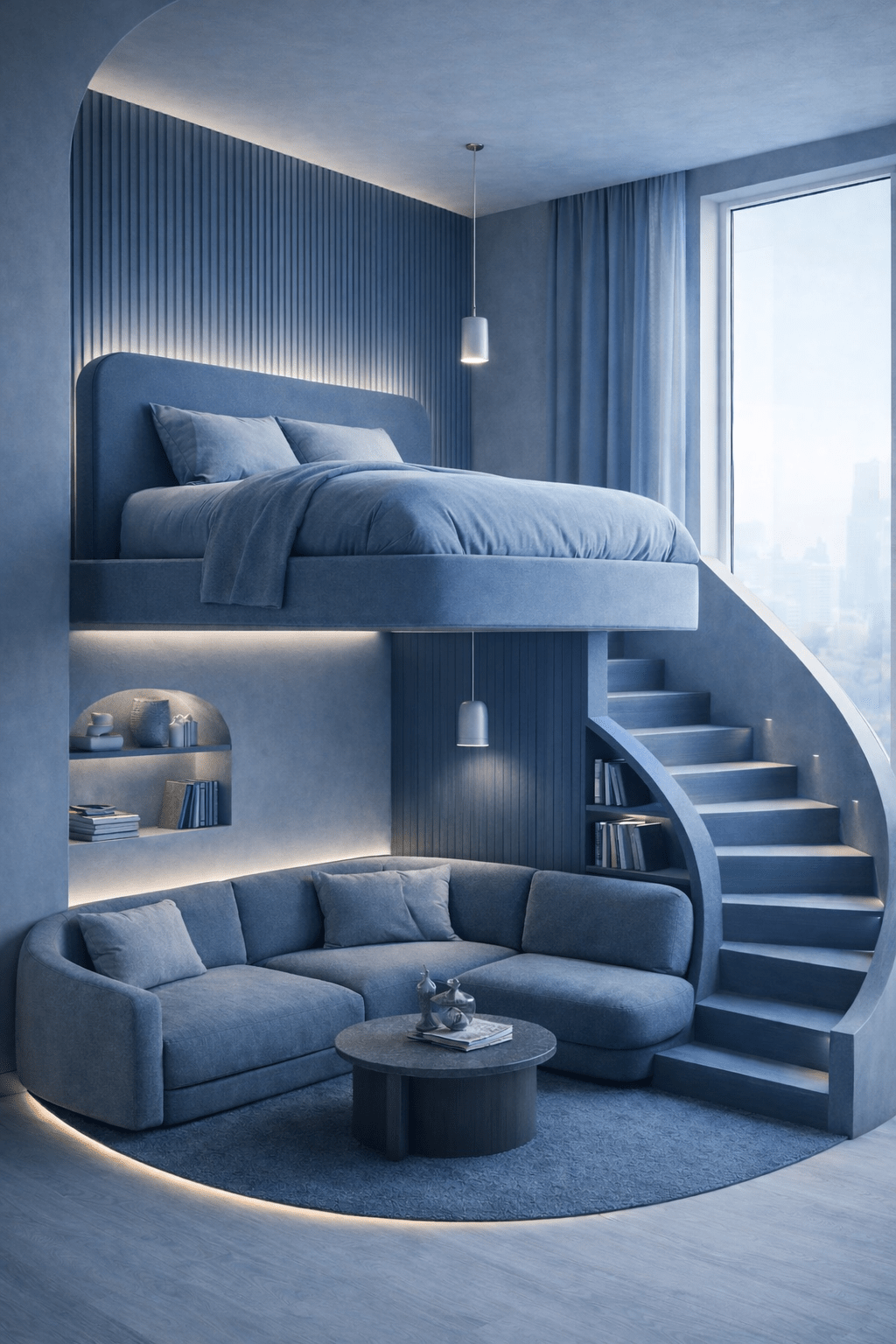 Blue modern loft bed living room with curved staircase, integrated lounge seating, and LED lighting under elevated bed