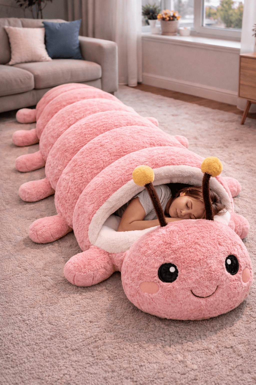 Plush pink caterpillar sleeping bag with person inside in a modern cosy living room