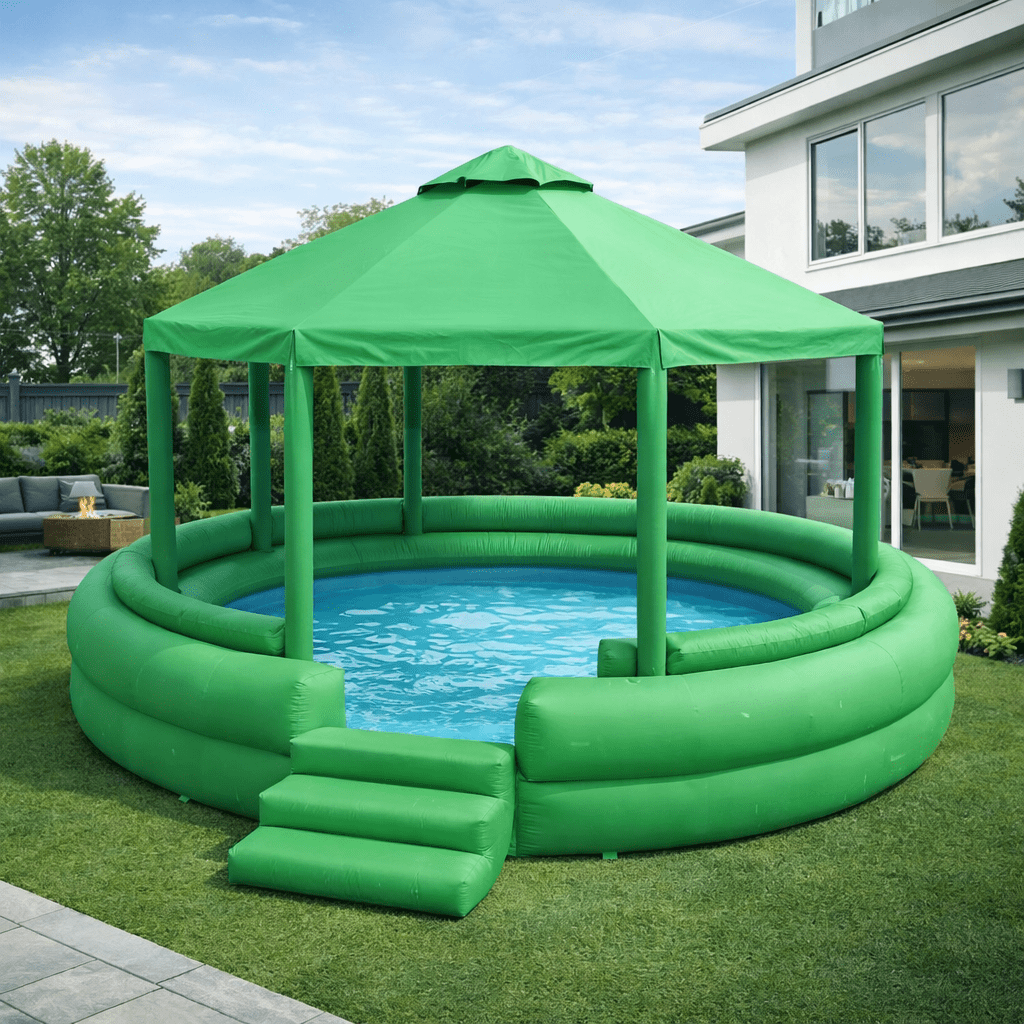 Green inflatable round paddling pool with canopy roof in landscaped garden