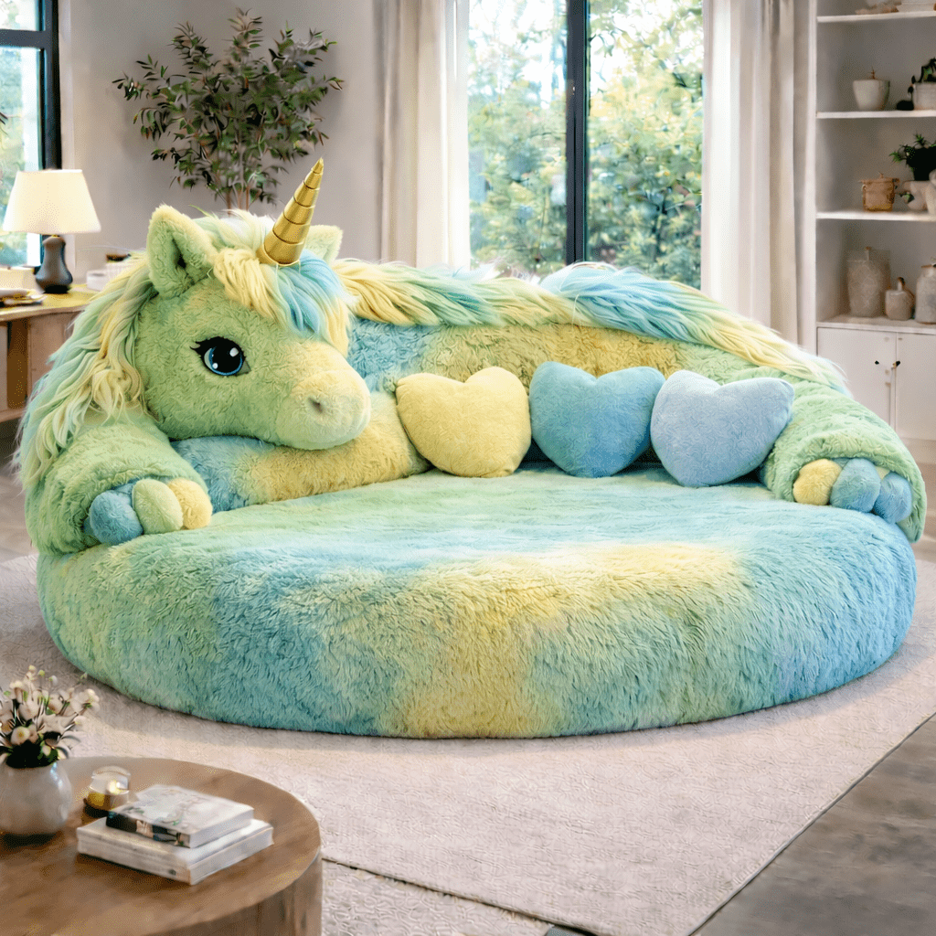 Soft green and yellow giant unicorn plush sofa with heart-shaped pillows in a bright home setting