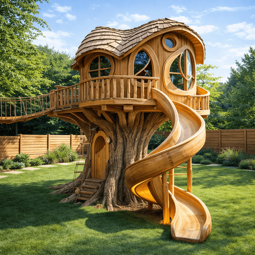 whimsical luxury treehouse with curved roof, circular windows and spiral wooden slide