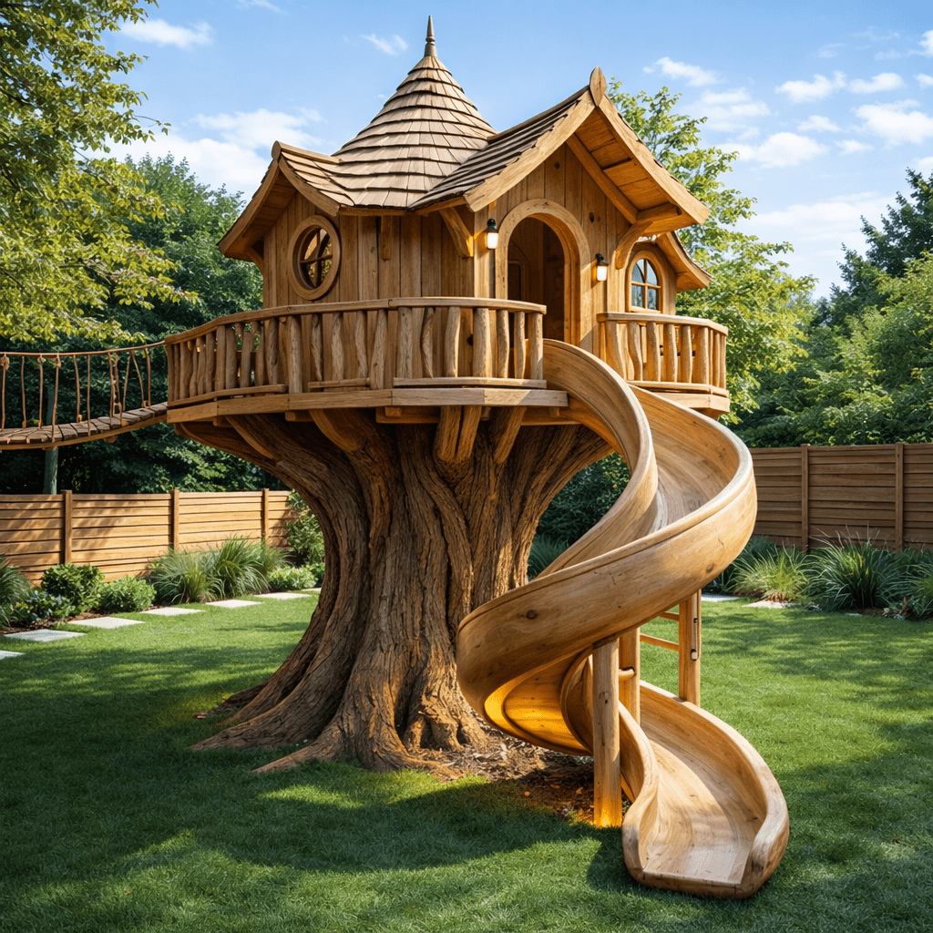 luxury treehouse play structure with spiral wooden slide and wraparound balcony in garden