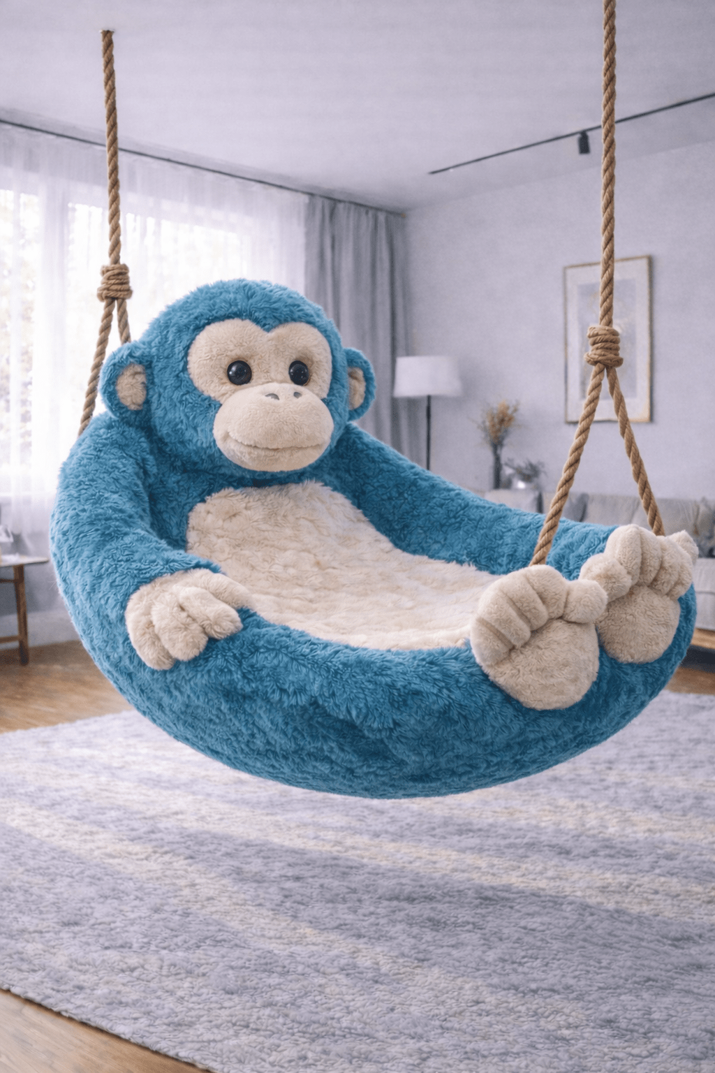 Soft blue monkey swing chair lounger suspended in a cosy home interior