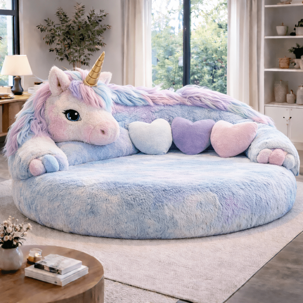 Giant pastel blue unicorn plush sofa with gold horn and heart pillows in a cosy living room