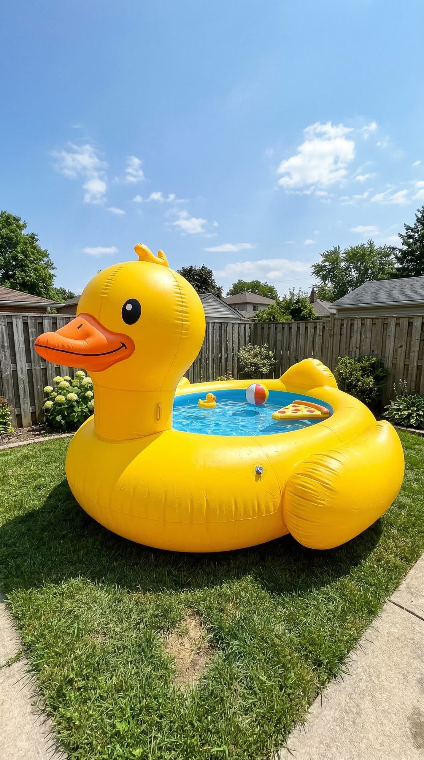 Large yellow duck-shaped inflatable paddling pool with water and toys in a sunny backyard garden
