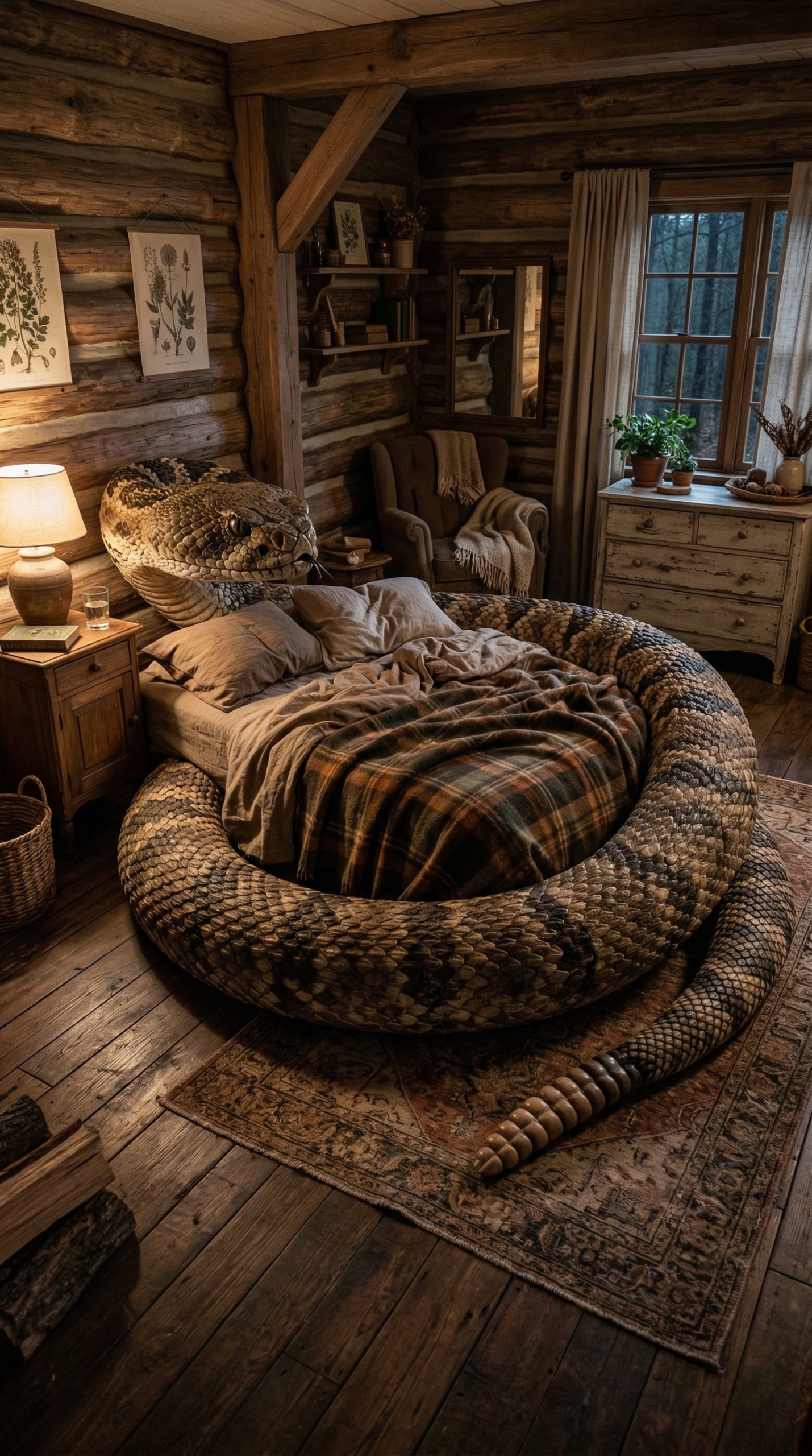 Snake-shaped bed in a cosy rustic cabin bedroom with wooden walls and warm lighting