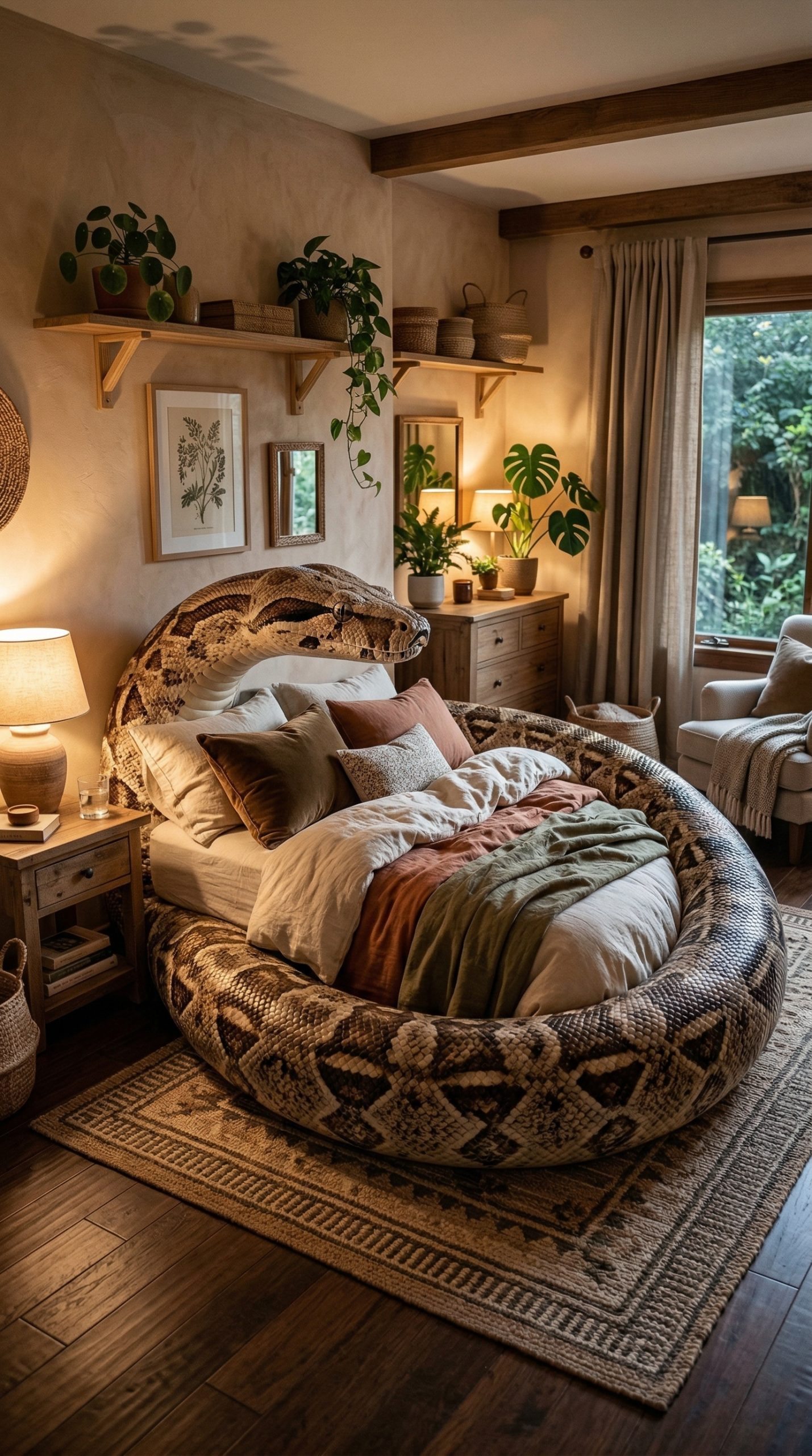 Snake-shaped bed in a minimalist bedroom with plants and soft neutral décor