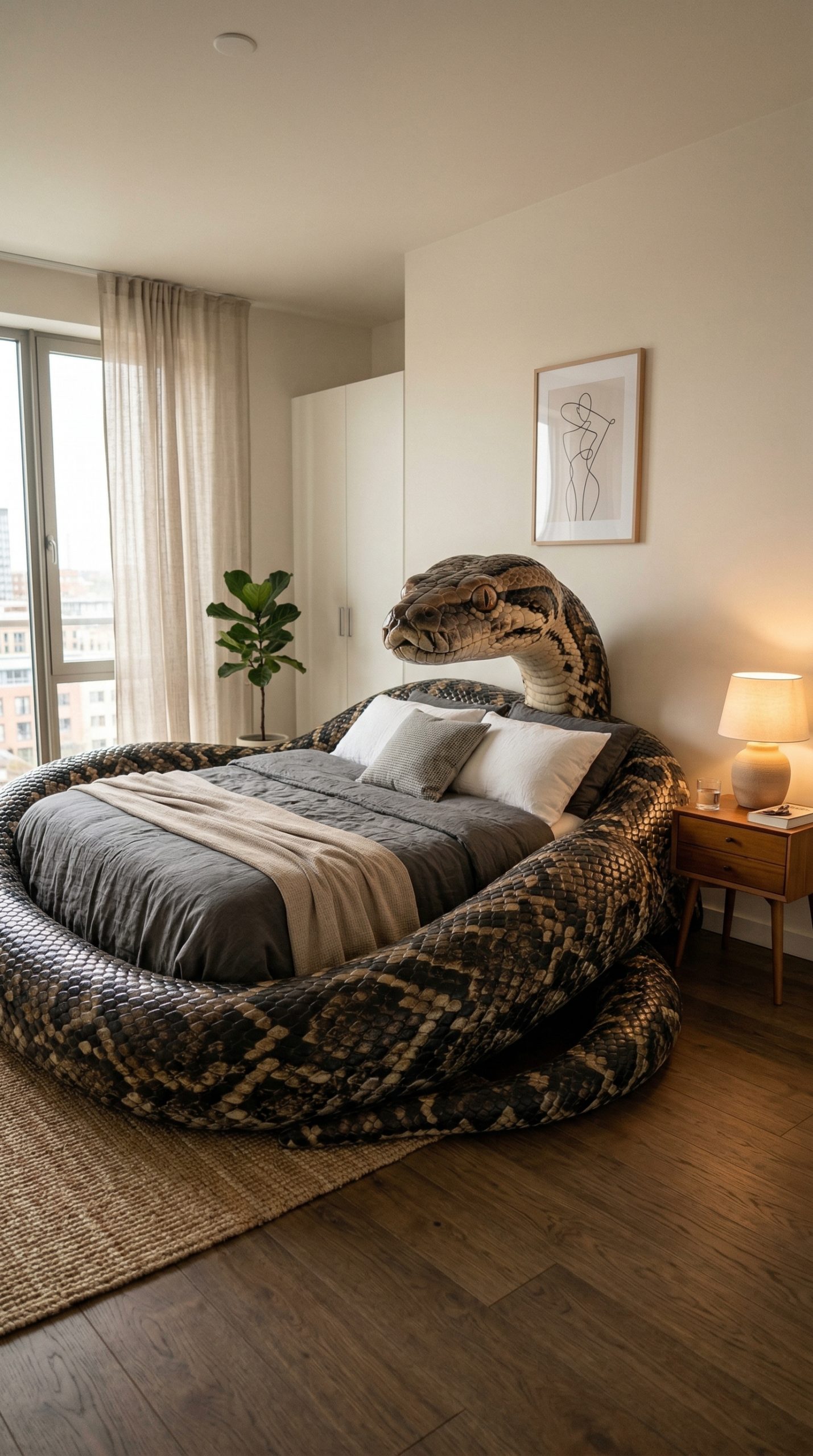 Modern snake-shaped bed in a bright apartment bedroom with city views