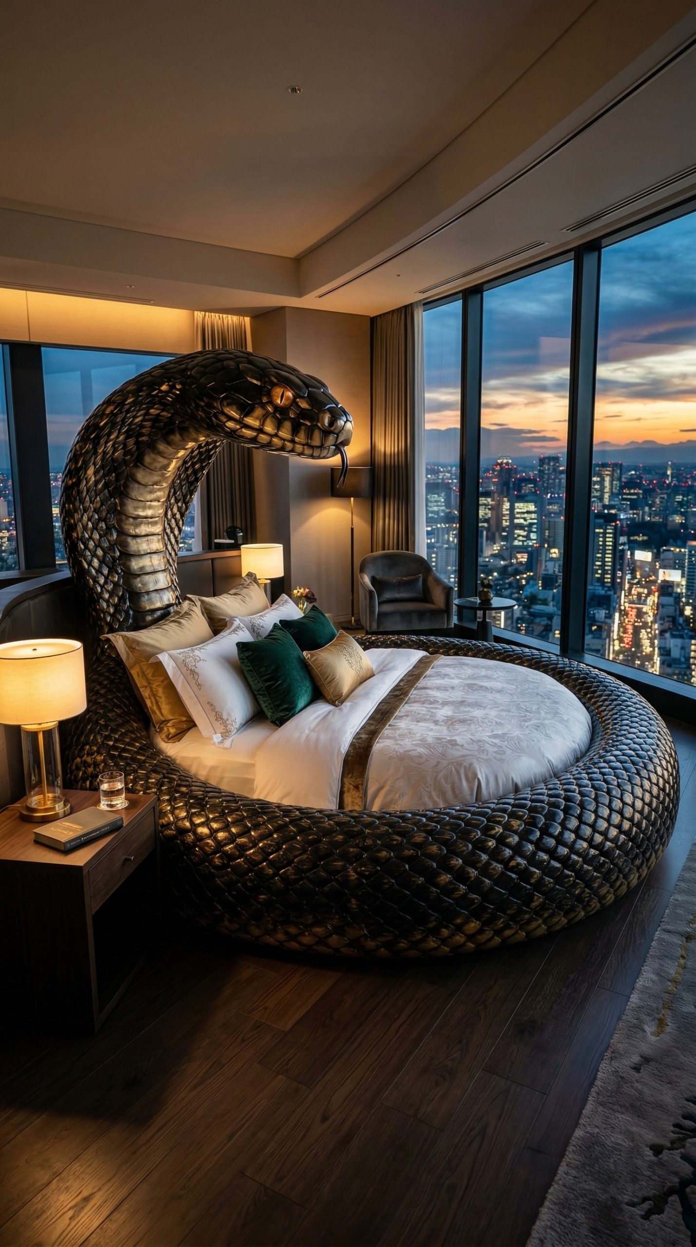 Cream snake-shaped bed in a Scandinavian-style bedroom with natural light and plants