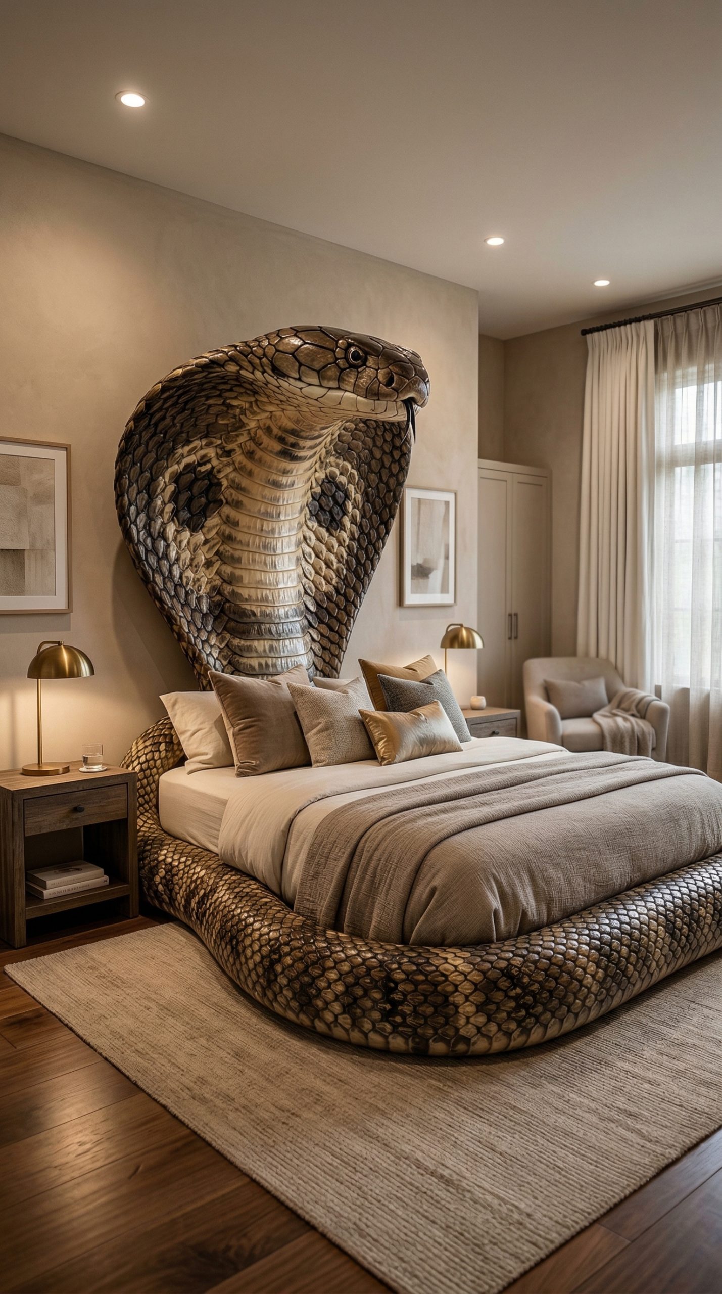 Cobra-shaped bed with raised headboard in a modern neutral-toned bedroom
