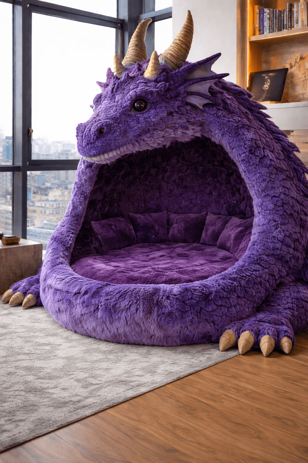 Plush purple dragon-shaped lounger pod with cosy interior seating in a contemporary apartment