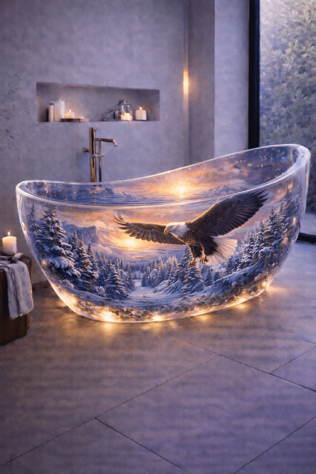Transparent luxury bathtub featuring a flying eagle over a snowy mountain forest landscape with glowing LED base