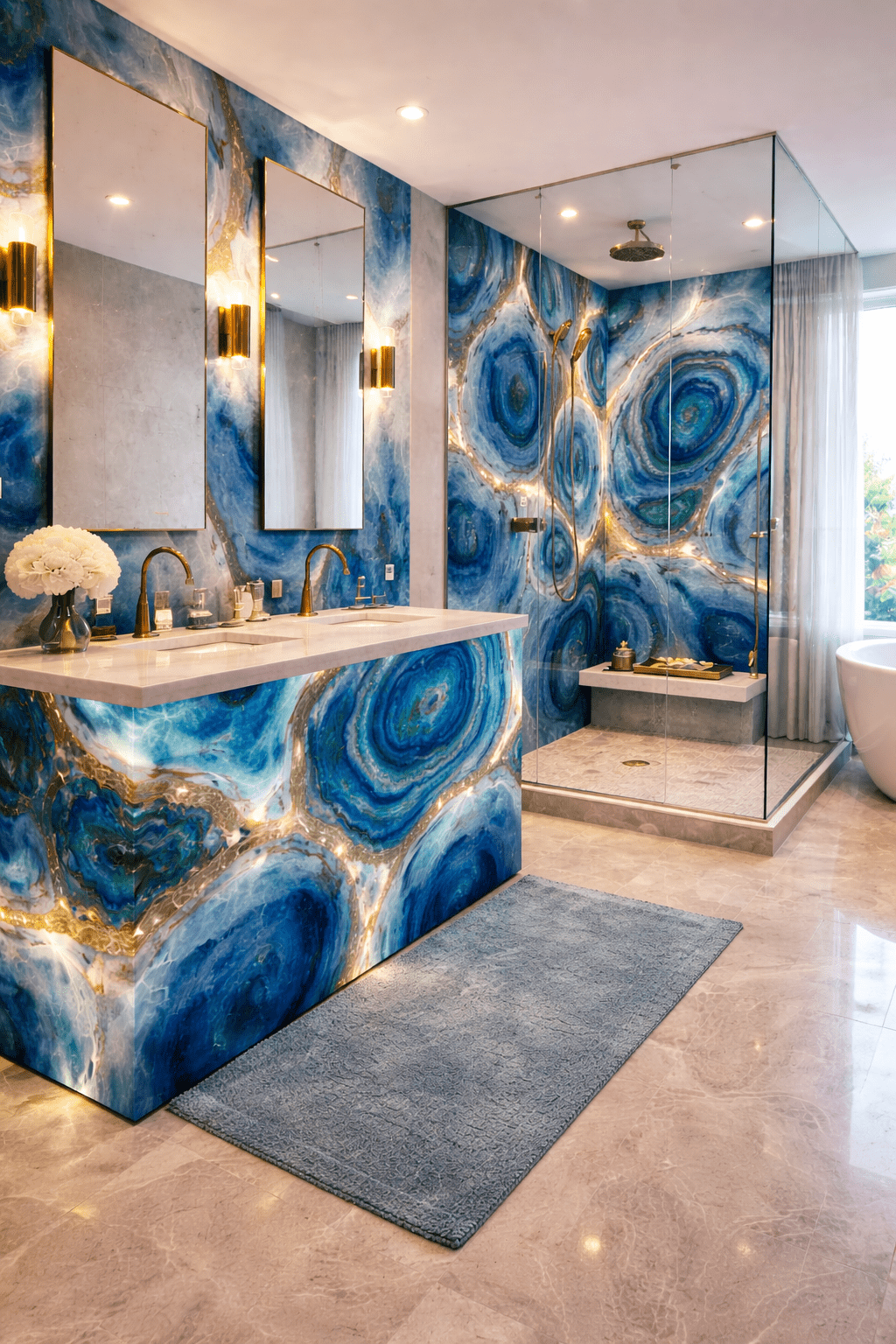Sapphire blue agate-inspired bathroom with glowing stone-effect vanity and gold-accented walk-in shower
