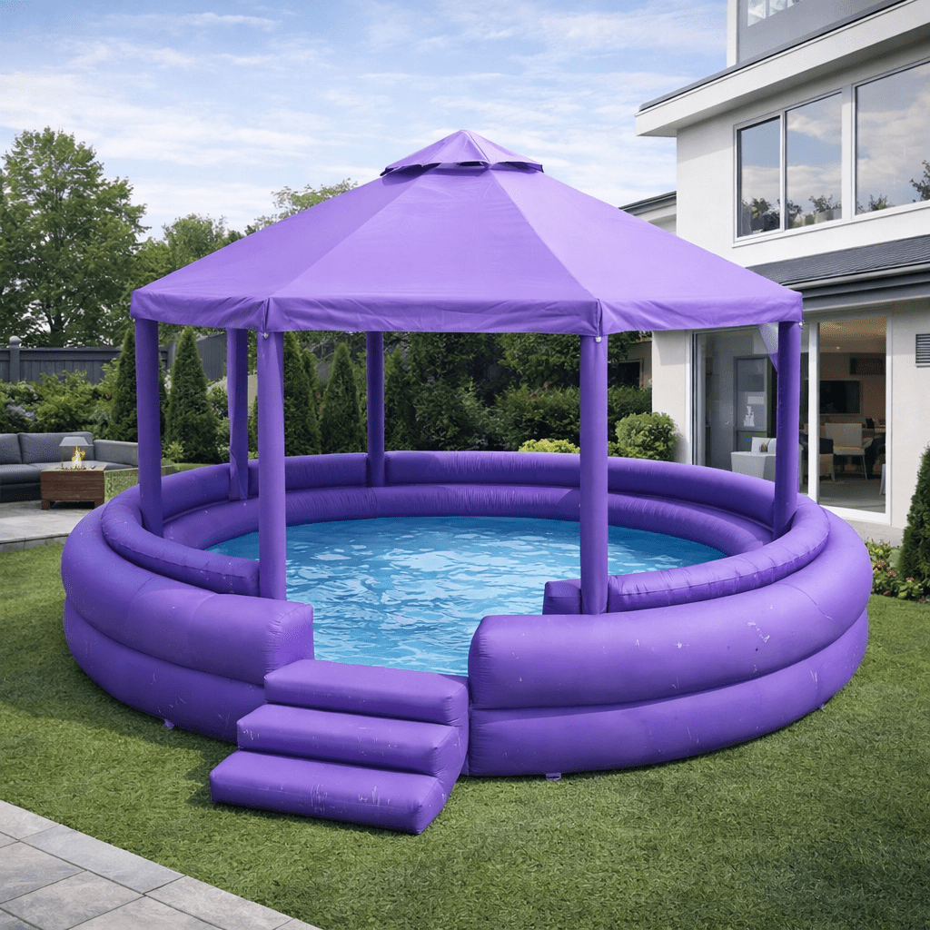 Purple inflatable dome paddling pool with canopy and steps in a modern suburban garden