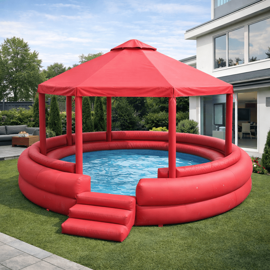Red inflatable dome paddling pool with canopy structure in modern garden setting