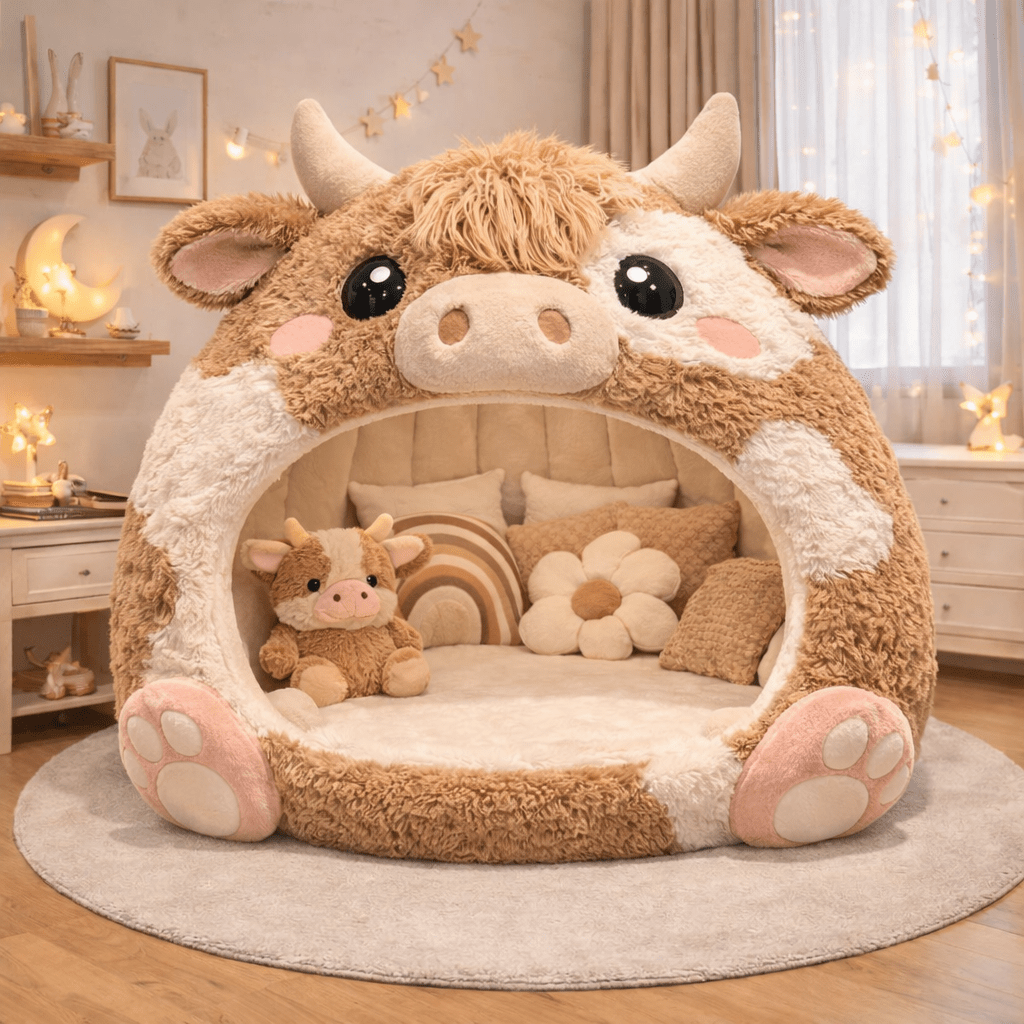 cosy beige cow plush lounger pod seating nook for kids bedroom décor