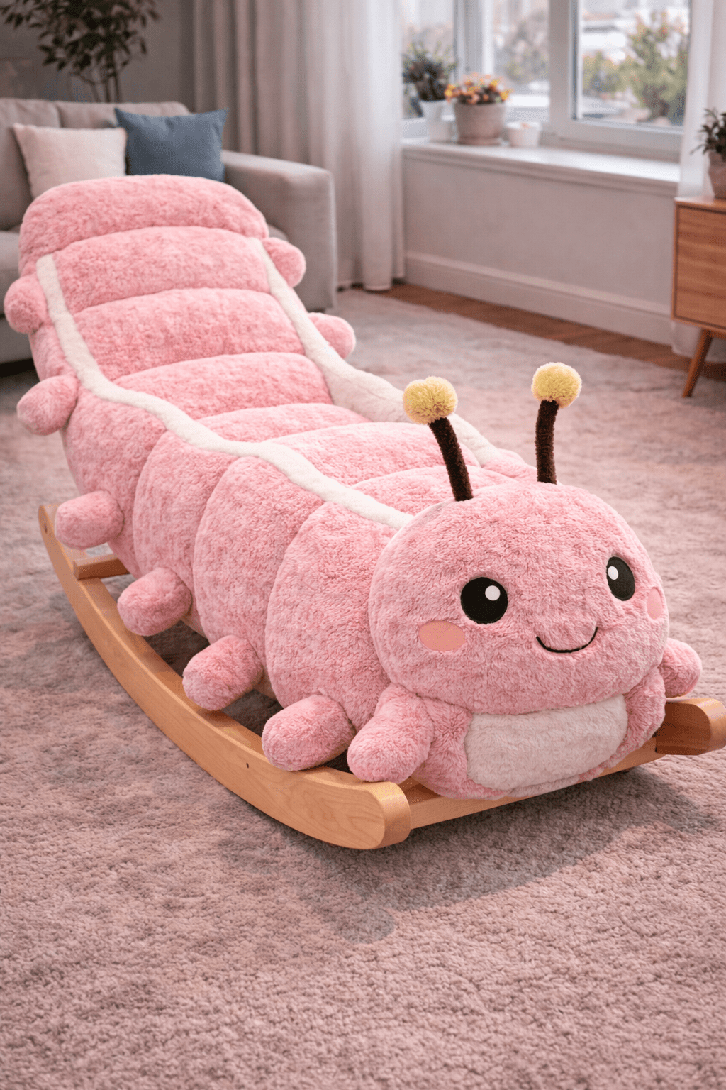 Soft pink plush caterpillar rocking lounger chair with wooden base in a modern living room