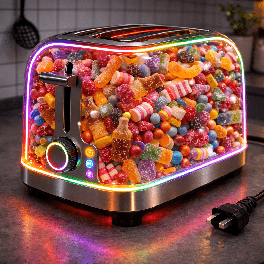 Transparent pick-and-mix toaster filled with colourful sweets and LED neon lighting in a modern kitchen