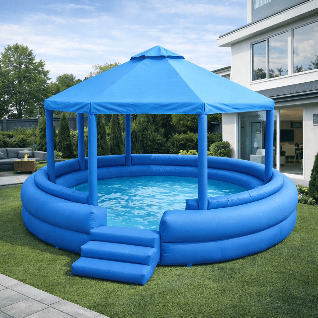 Blue inflatable paddling pool with canopy and seating in contemporary backyard