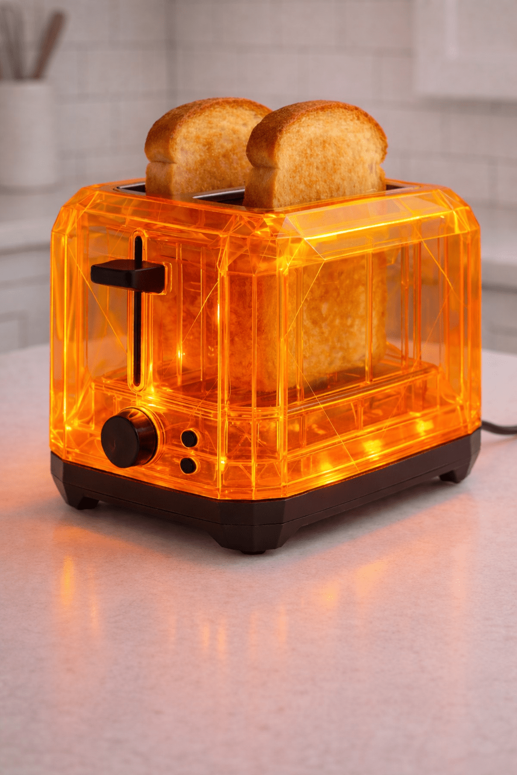 glowing orange transparent toaster with illuminated body and toast slices on kitchen worktop