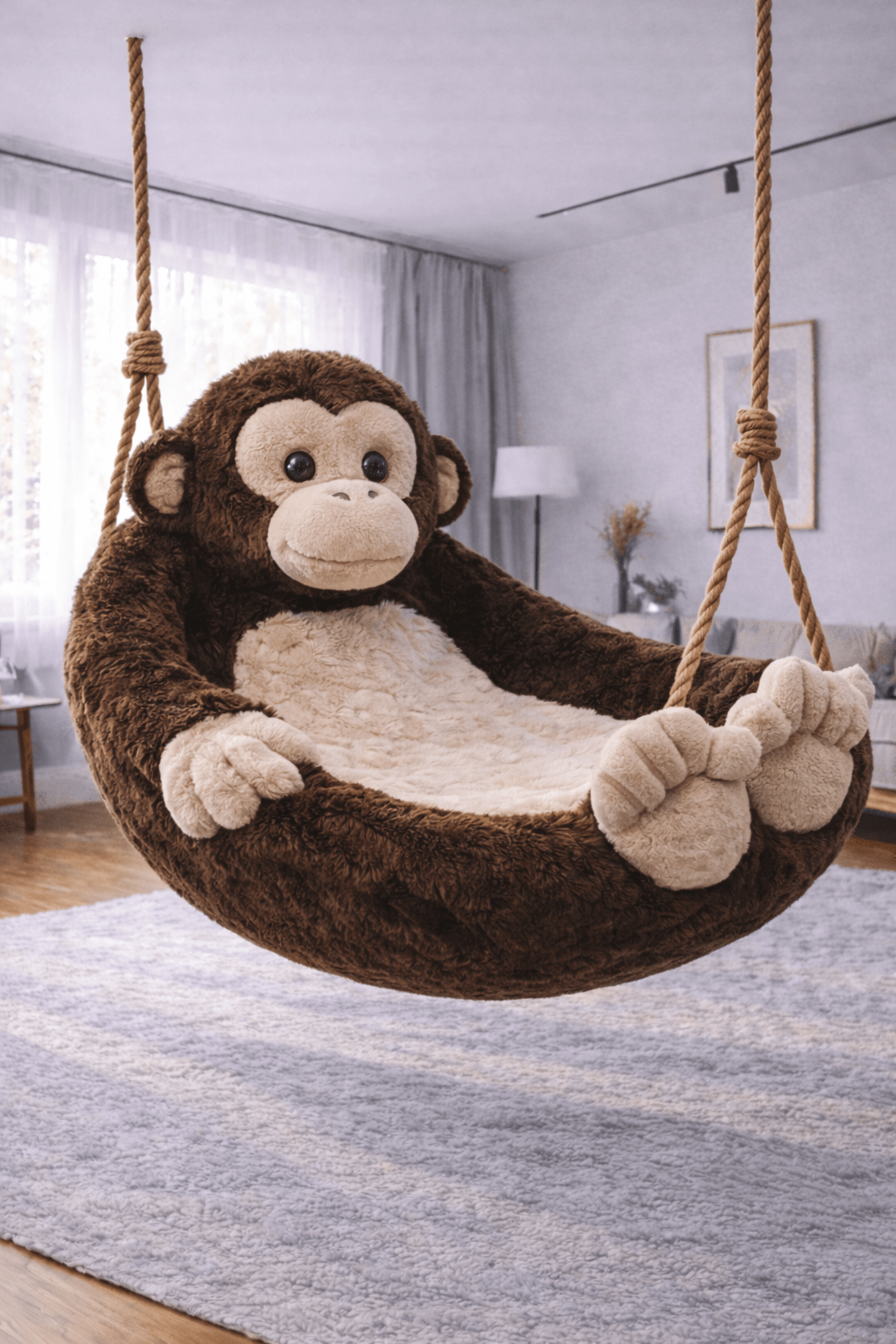 Brown monkey swing chair lounger with plush faux fur hanging in a living room