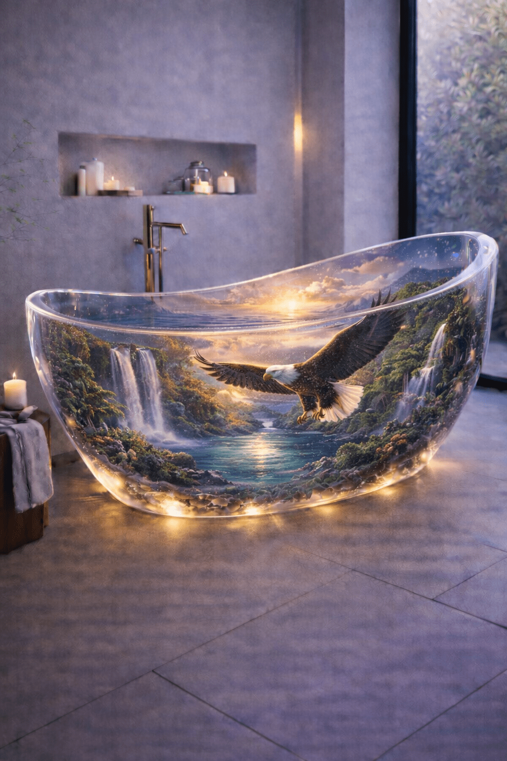 Luxury transparent bathtub with scenic waterfall valley artwork and eagle flying above a turquoise lake
