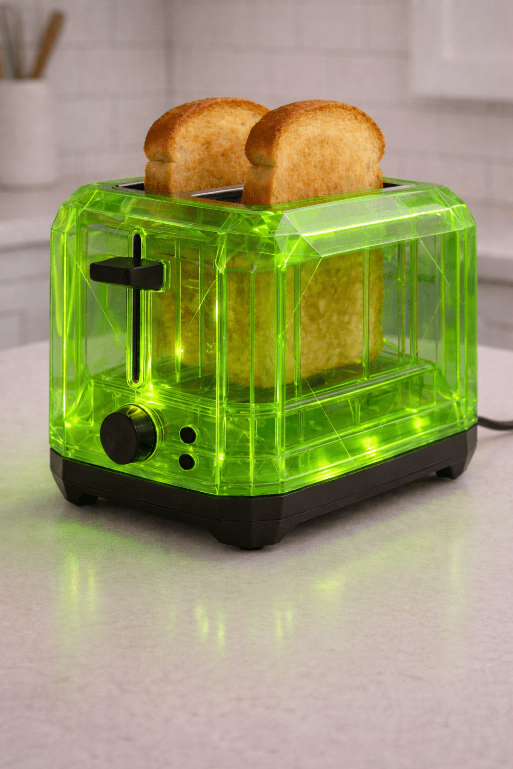 modern neon green transparent toaster with glowing LED lighting and visible internal structure