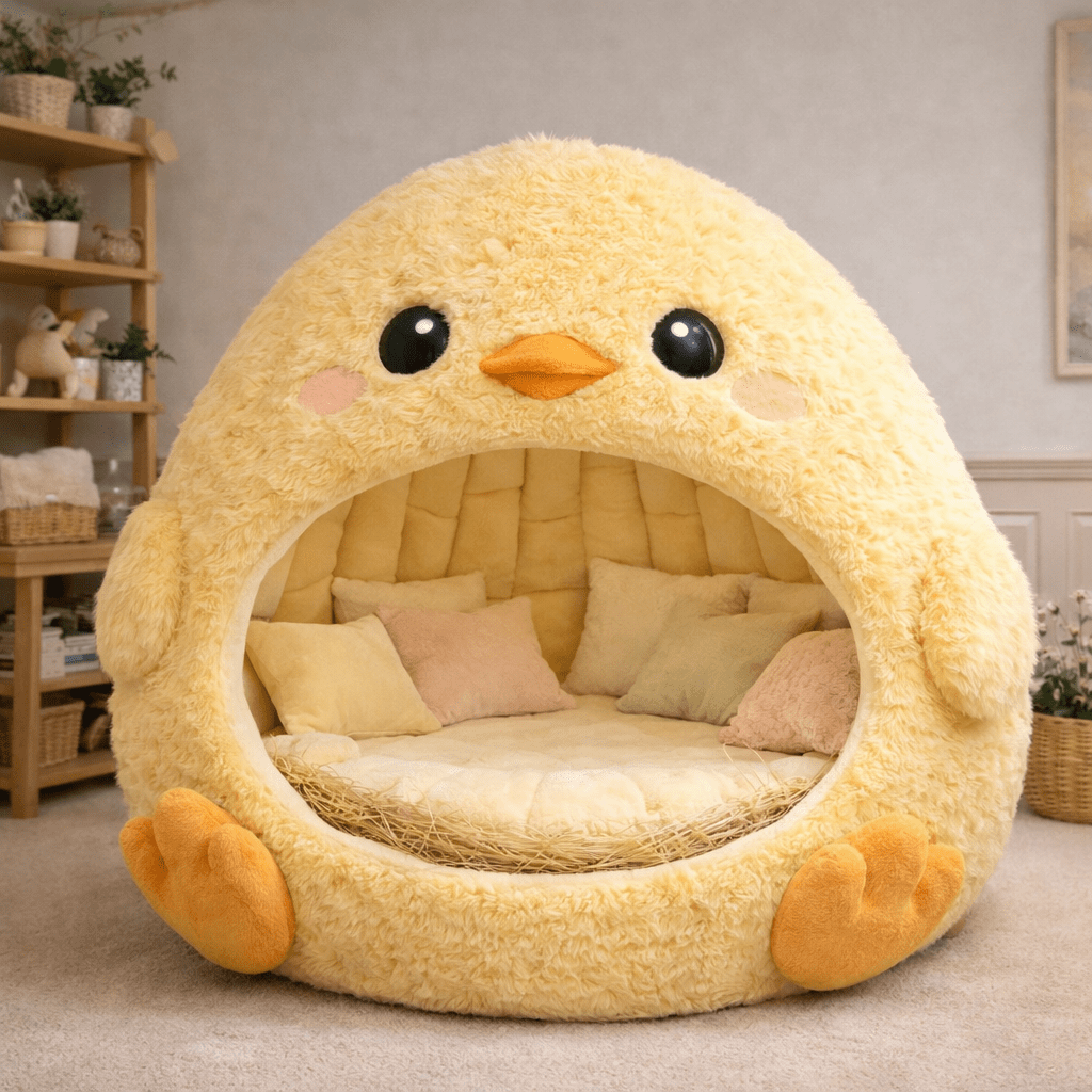 yellow chick shaped plush lounger pod with soft seating and cushions