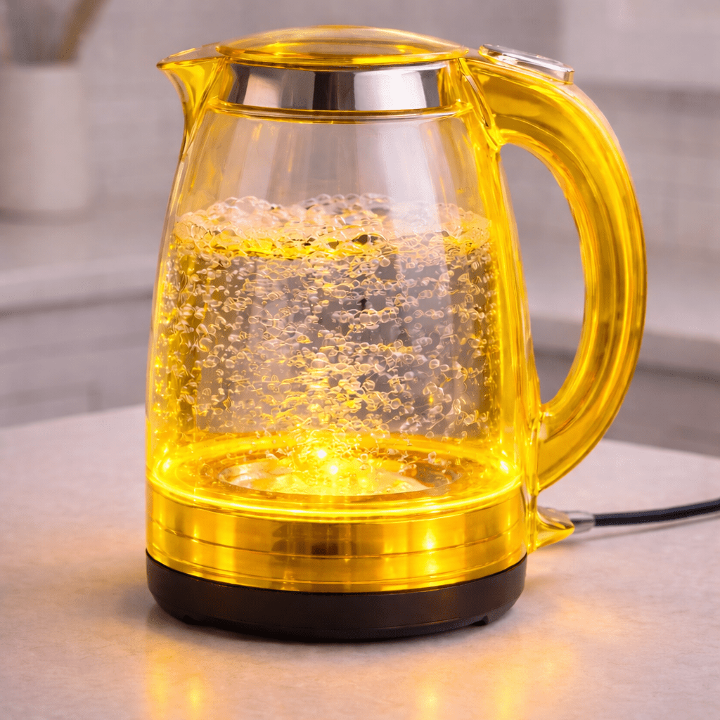Yellow LED transparent kettle glowing with boiling water in glass chamber