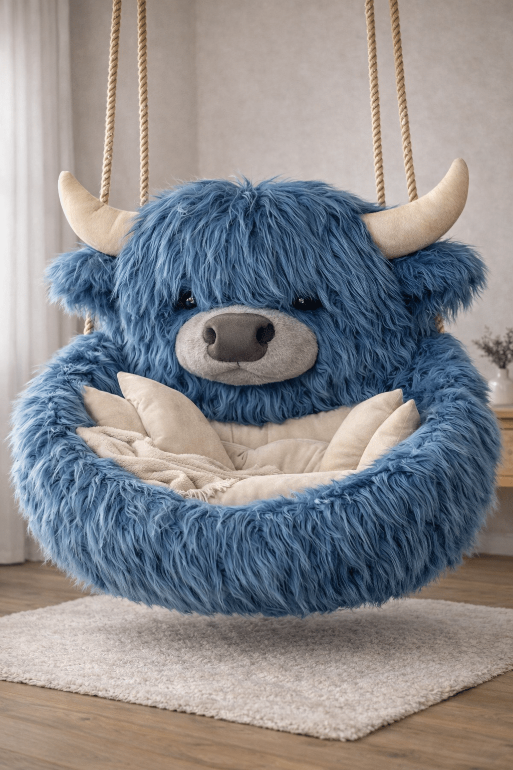Blue fluffy Highland cow hanging chair with soft cushions in a modern cosy interior