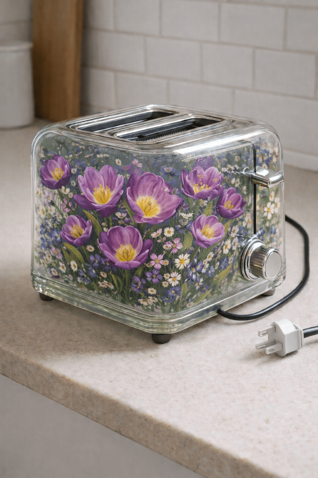 Decorative glass toaster with purple wildflowers and meadow flowers embedded inside a clear appliance body.