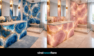 Collection of illuminated geode-inspired bathroom designs featuring amber onyx, blue agate, green onyx and blush pink stone interiors