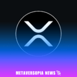 XRP cryptocurrency logo centred on a blue-to-purple gradient background with Metaversopia News branding at the bottom.