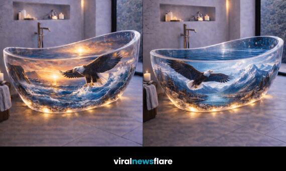 Luxury transparent scenic bathtub featuring an eagle flying across a dramatic mountain landscape with glowing lighting