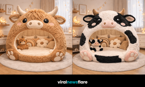 giant cow-shaped plush lounger pod cosy animal themed kids bedroom furniture