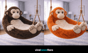 Giant plush monkey swing chair lounger hanging in a cosy modern home interior