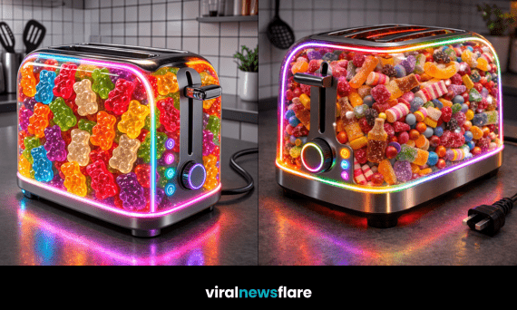 colourful transparent pick-and-mix toaster filled with sweets and glowing LED lights in a modern kitchen